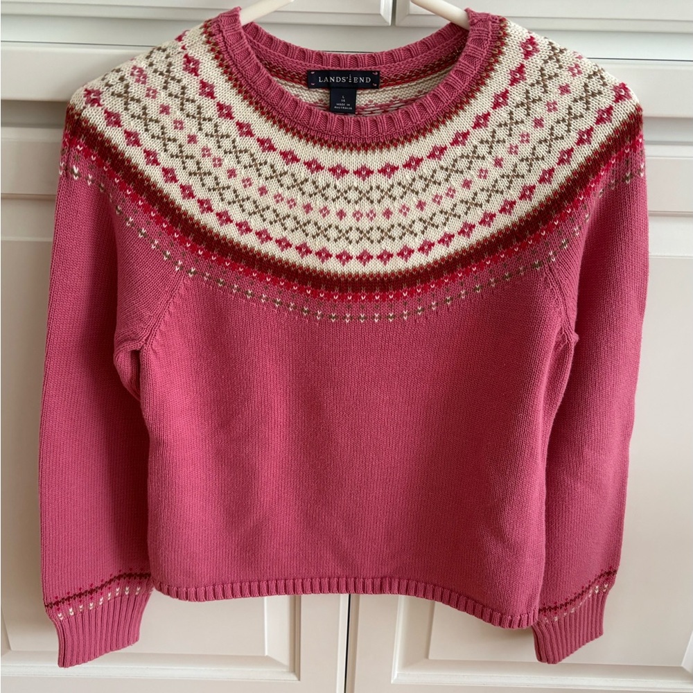 Lands' End Pink Fair Isle Yoke Sweater